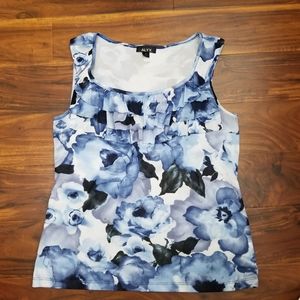 ALYX Womens Blue White Sleeveless Floral Blouse Top Ruffle Neck Size M